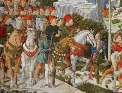 Galeazzo Maria Sforza, Duque de Milán (1444-76), extremo izquierdo, en un caballo marrón y Sigismondo Pandolfo Malatesta, gobernante de Rímini (1417-68) a su lado en un caballo gris (detalle) de Benozzo di Lese di Sandro Gozzoli