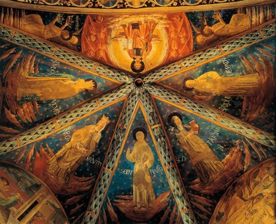 Italia, Montefalco, Bóveda del Ábside de la Iglesia de San Francisco pintada con santos de Benozzo di Lese di Sandro Gozzoli