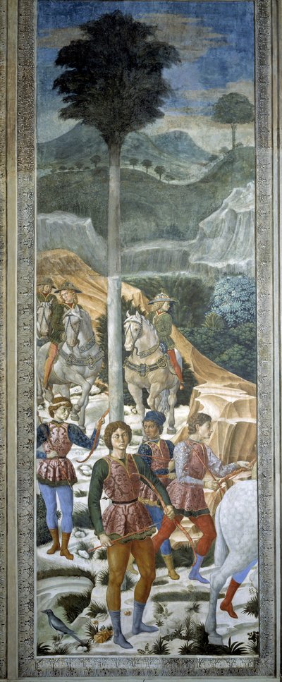 Arqueros con librea, detalle del ciclo del Viaje de los Magos en la capilla, c.1460 (fresco) de Benozzo di Lese di Sandro Gozzoli