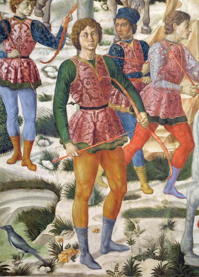 Arqueros con librea, detalle del ciclo del Viaje de los Magos en la capilla, c.1460 (detalle) de Benozzo di Lese di Sandro Gozzoli