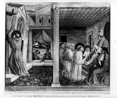 El Papa Inocencio III Aprobando la Regla (fresco) (foto en b/n) de Benozzo di Lese di Sandro Gozzoli