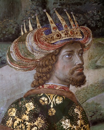 El viaje de los Magos Cortejo de los Magos de Jerusalén a Belén (detalle de Baltasar bajo los rasgos de Juan VIII Paleólogo, Emperador Bizantino) de Benozzo di Lese di Sandro Gozzoli
