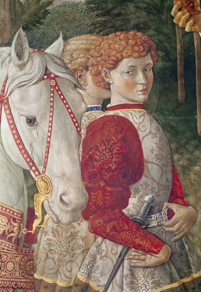 Dos asistentes con librea y la cabeza del caballo de Lorenzo el Magnífico, detalle del ciclo del Viaje de los Magos en la capilla, c.1460 de Benozzo di Lese di Sandro Gozzoli
