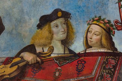 Caballero que sostiene un instrumento musical y una dama, detalle, bóveda de la Sala del Tesoro (fresco) (detalle de 3707463) de Benvenuto Tisi da Garofalo