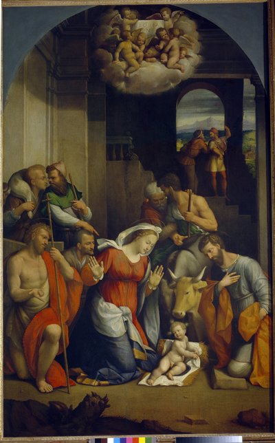 Adoración del Niño Jesús (Adoración de los pastores). (La Adoración del Niño Jesús). Pintura de Benvenuto Tisi Da Garofalo (1481-1559), óleo sobre lienzo de Benvenuto Tisi da Garofalo
