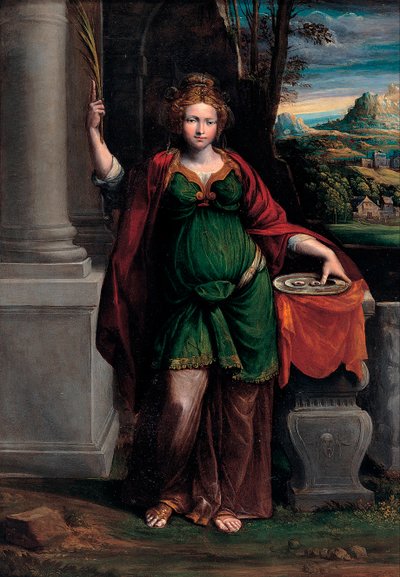 Santa Lucía (de Siracusa) (principios del siglo IV) sosteniendo una bandeja con dos ojos (Santa Lucía) - Pintura de Benvenuto Tisi da Garofalo (Il Garolafo) (1481-1559), óleo sobre tabla, 63x44 cm de Benvenuto Tisi da Garofalo