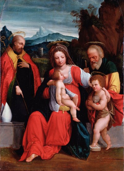 La Sagrada Familia con San Juan Bautista niño y un obispo de Benvenuto Tisi da Garofalo