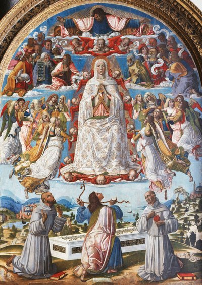 La Asunción de la Virgen con San Tomás recibiendo el Cinturón entre los Santos Francisco de Asís y Antonio de Padua, 1480s de Benvenuto di Giovanni