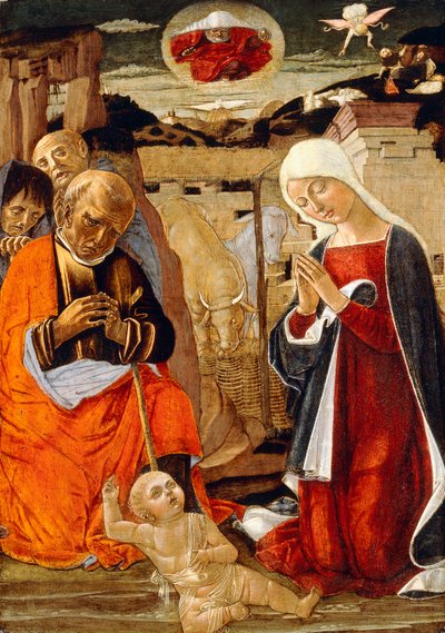 La Natividad, con la Anunciación a los Pastores en la Distancia de Benvenuto di Giovanni