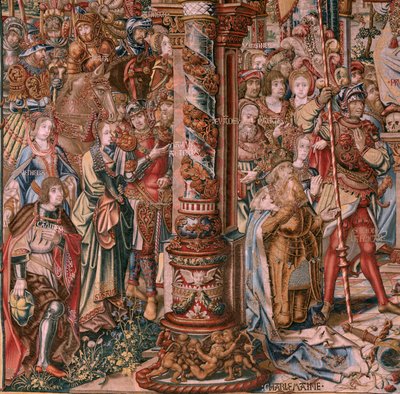 Tapiz flamenco. Serie Los Honores. Fe (La Fe). Primer tapiz de la serie. Dibujantes modelo del círculo de Bernard van Orley y Jan Gossaert (Mabuse). Fabricación Pieter van Aelst, Bruselas. Ca 1550. Tejido Oro, plata, seda y lana. de Bernaert van (circle of) Orley