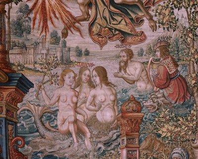 Tapiz flamenco. Serie Los Honores. Fama (La Fama). Tercer tapiz de la serie. Dibujantes modelo del círculo de Bernard van Orley y Jan Gossaert (Mabuse). Fabricación Pieter van Aelst, Bruselas. Ca 1550. Tejido Oro, plata, seda y lana. de Bernaert van (circle of) Orley