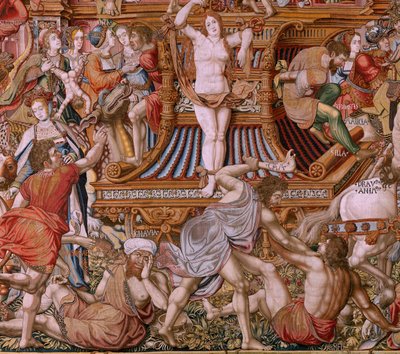 Tapiz flamenco. Serie Los Honores. Infamia (La Infamia). Sexto tapiz de la serie. Dibujantes modelo del círculo de Bernard van Orley y Jan Gossaert (Mabuse). Fabricación Pieter van Aelst, Bruselas. Ca 1550. Tejido Oro, plata, seda y lana. de Bernaert van (circle of) Orley