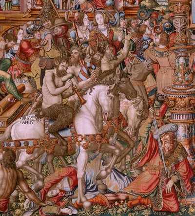 Tapiz flamenco. Serie Los Honores. Infamia (La Infamia). Sexto tapiz de la serie. Dibujantes modelo del círculo de Bernard van Orley y Jan Gossaert (Mabuse). Fabricación Pieter van Aelst, Bruselas. Ca 1550. Tejido Oro, plata, seda y lana. de Bernaert van (circle of) Orley