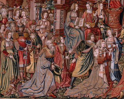 Tapiz flamenco. Serie Los Honores. Justicia (La Justicia, Los Honores). Noveno tapiz de la serie. Dibujantes modelo del círculo de Bernard van Orley y Jan Gossaert (Mabuse). Fabricación Pieter van Aelst, Bruselas. Ca 1550. Tela Oro, plata, de Bernaert van (circle of) Orley