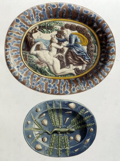 Dios crea a Eva del muslo de Adán; Lagarto - Platos de cerámica, en "The work of Bernard Palissy" de C. Delange y C. Borneman, París de Bernard (after) Palissy