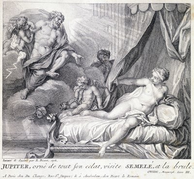 Júpiter (Zeus) quema a Semele con su rayo. Grabado del siglo XVIII según el dibujo de B. Picart realizado en 1708. de Bernard (after) Picart