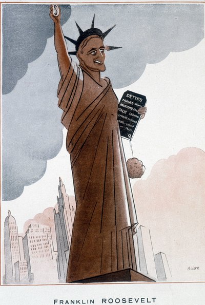 Caricatura de Franklin Roosevelt en la Estatua de la Libertad - Ilustración de Bernard Becan (Bernhard Kahn) (1890-1943) en “Fantasio” del 01/12/1932 de Bernard Becan