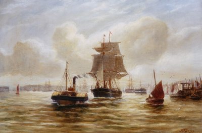 Remolcador de vapor remolcando un barco en la desembocadura del Tyne de Bernard Benedict Hemy