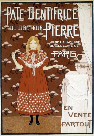 Publicidad de la pasta de dientes Dr. Pierre en la que aparece una chica en un cuarto de baño con un cepillo de dientes en la mano. de Bernard Boutet de Monvel