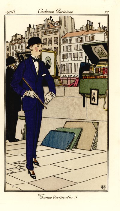 Hombre con traje, bombín y bastón caminando junto a bouquinistes en el Sena. Tenue du matin. Aguafuerte pochoir (estarcido) coloreado a mano según una ilustración de Bernard Boutet de Monvel del Journal des Dames et des Modes, Aux Bureaux du Journa de Bernard Boutet de Monvel