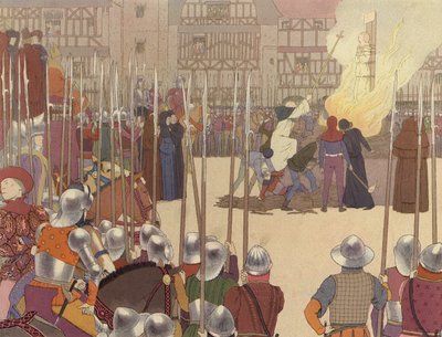 La quema de Juana de Arco (litografía en color) de Bernard Boutet de Monvel