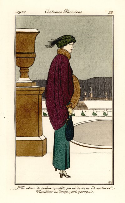 Mujer con capa de terciopelo violeta ribeteada con piel de zorro, traje de paño verde botella, polainas. Manteau de velours violet garni de renard naturel, tailleur de drap vert verre. Aguafuerte pochoir (estarcido) coloreado a mano según una ilustración d de Bernard Boutet de Monvel
