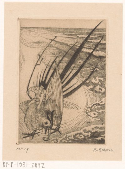 Figura sentada sobre un faisán en la playa de Bernard Essers (signed by artist)