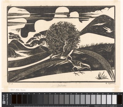 Dos faisanes en un paisaje de colinas de Bernard Essers (signed by artist)