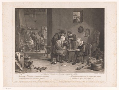 Inn interior con figuras de juego de cartas Les Francs Maçons Flamands en Loge (título sobre objeto) de Bernard François Lépicié