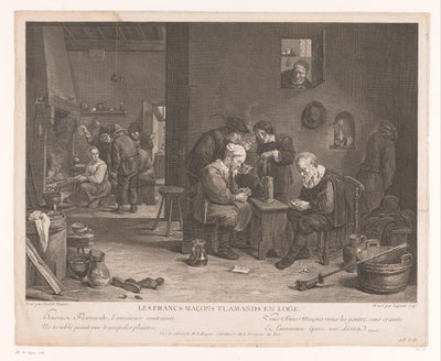 Inn interior con figuras de juego de cartas Les Francs Maçons Flamands en Loge (título sobre objeto) de Bernard François Lépicié