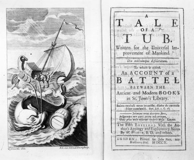Frontispicio y portada de Un cuento de una cuba por Jonathan Swift, grabado por John Sturt, 1704 de Bernard II Lens
