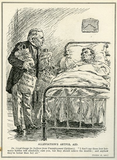 El Dr. Lloyd George propone curar a los enfermos de la epidemia de desempleo con cuatro bolsas de agua caliente: "Tasa de Seguro", "Obras de Socorro", "Préstamos" y "Créditos a la Exportación". de Bernard John Partridge