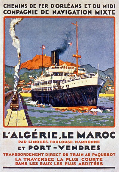 Cartel publicitario del ferrocarril francés que va a Argelia y Marruecos desde Francia vía Limoges Toulouse Narbona y Port Vendres c. 1900 de Bernard Lachevre