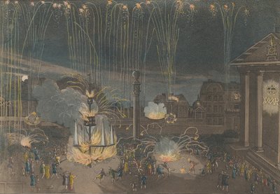 Una descripción perfecta del fuego artificial en Covent Garden que se realizó a cargo de..., 1809 de Bernard Lens