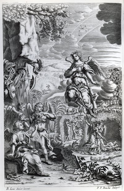 El arcángel Uriel informa a Gabriel que Satanás está en el Jardín del Edén, ilustración de 