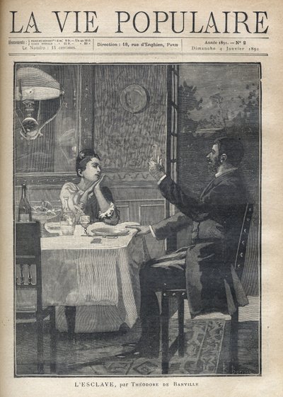 Una mujer escucha con amor y admiración el discurso del hombre sentado frente a ella en una cena en pareja. Ilustración de B. Borione de “El esclavo” por Théodore de Banville (1823-1891). Grabado de 1891 en “La vie populaire” de Bernard Louis Borione