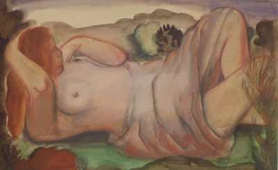 Desnudo recostado en un paisaje, c.1940 (gouache, acuarela y lápiz) de Bernard Meninsky