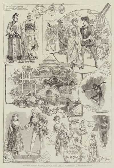 Bocetos de personajes de Aladino en Drury-Lane y Cenicienta en el Palacio de Cristal de Bernard Partridge