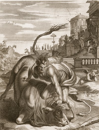 Aqueloo en forma de toro es vencido por Hércules, 1731 de Bernard Picart