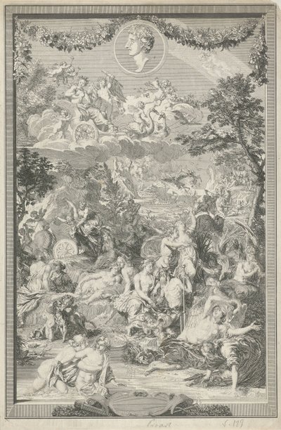 Portada alegórica con varias escenas de las metamorfosis de Ovidio y su retrato. de Bernard Picart
