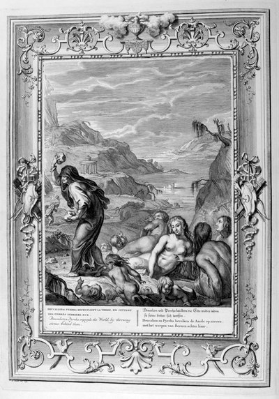 Deucalión y Pirra repueblan el mundo arrojando piedras detrás de ellos, 1733 de Bernard Picart