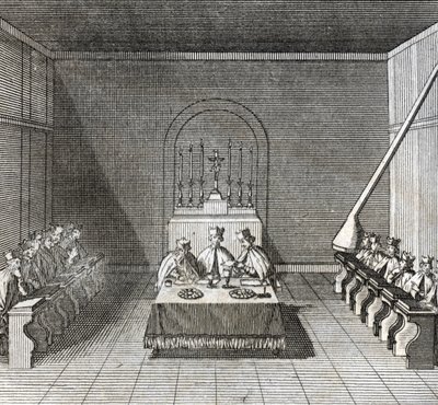 Diferentes etapas del cónclave, reunión de cardenales para la elección de un nuevo papa: la elección del nuevo papa durante el cónclave en la capilla Sixtina, Vaticano: papeletas de los cardenales para la elección del papa) Grabado de la “Ilustración de c de Bernard Picart