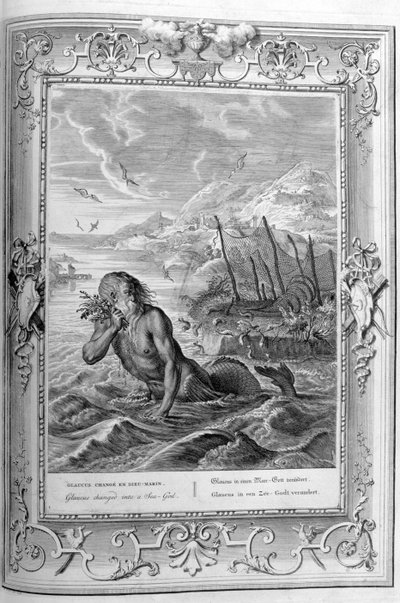 Glauco se transforma de hombre a dios del mar (grabado) de Bernard Picart