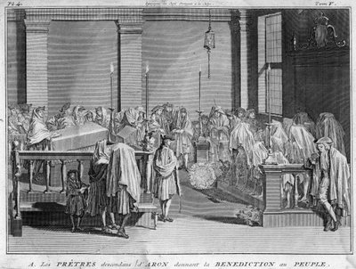 Sumo Sacerdote de Israel perteneciente a las familias sacerdotales judías que trazan su línea paterna hasta Aarón dando su bendición al pueblo judío. Grabado de 