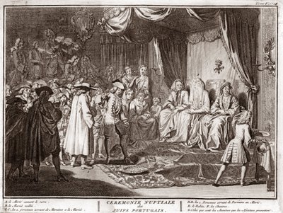 Boda judía en la comunidad judía portuguesa Grabado de la “Ilustración de ceremonias y costumbres religiosas de todos los pueblos del mundo” por Bernard Picart (1723-1743) 1819 Colección privada de Bernard Picart