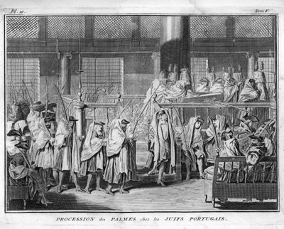 Judaísmo: procesión de las palmas celebrada en la comunidad judía portuguesa, grabado de 