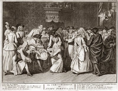 Judaísmo: ceremonia de circuncisión en la comunidad judía portuguesa Grabado de la “Ilustración de ceremonias y costumbres religiosas de todos los pueblos del mundo” por Bernard Picart (1723-1743) 1819 Colección privada de Bernard Picart