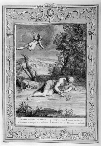 Narciso enamorado de su propio reflejo, 1733 de Bernard Picart