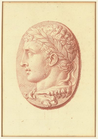 Uno de los cuatro estudios sobre camafeos, tres con retratos de perfil clásicos y uno con un relieve fragmentario de Cupido y dos leones dibujando un carro (tiza roja sobre papel). de Bernard Picart