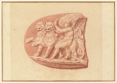 Uno de los cuatro estudios sobre camafeos, tres con retratos de perfil clásicos y uno con un relieve fragmentario de Cupido y dos leones dibujando un carro (tiza roja sobre papel). de Bernard Picart